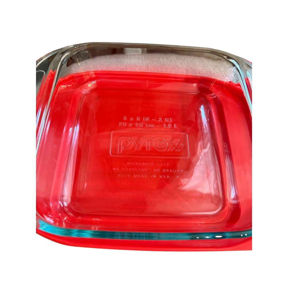 Pyrex 2222 2qt Square Glass Baking Dish with Red Lid 8x8 Clear Baker USA 8" x 8"